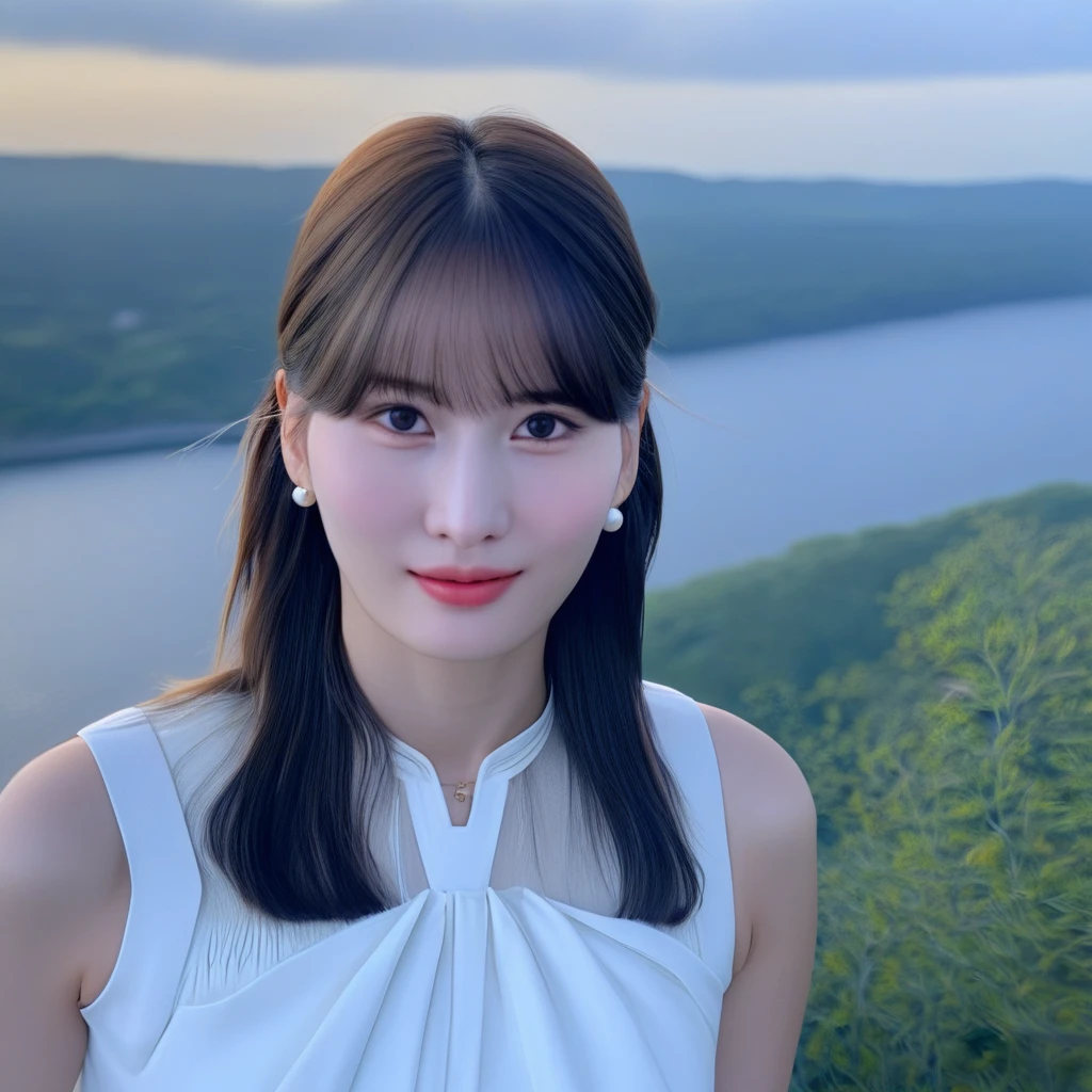 momo, (best quality, masterpiece:1.2), realistic, 1girl, solo, cute, looking at viewer, beautiful expression, upper body, sky, outdoors, closed mouth, white dress, bangs, medium hair, medium breast, beautiful expression, detailed face, detailed eyes, detailed iris, highres