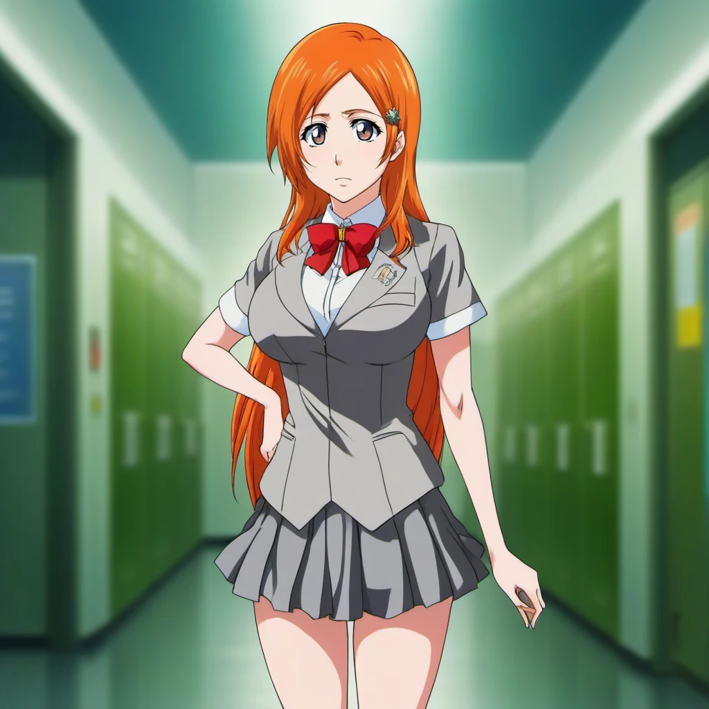 anime artwork full body portrait 1girl, orange hair, hair ornament, school uniform, breast, skirt, stands in a school  <lora:Inoue:0.8> . anime style, key visual, vibrant, studio anime,  highly detailed