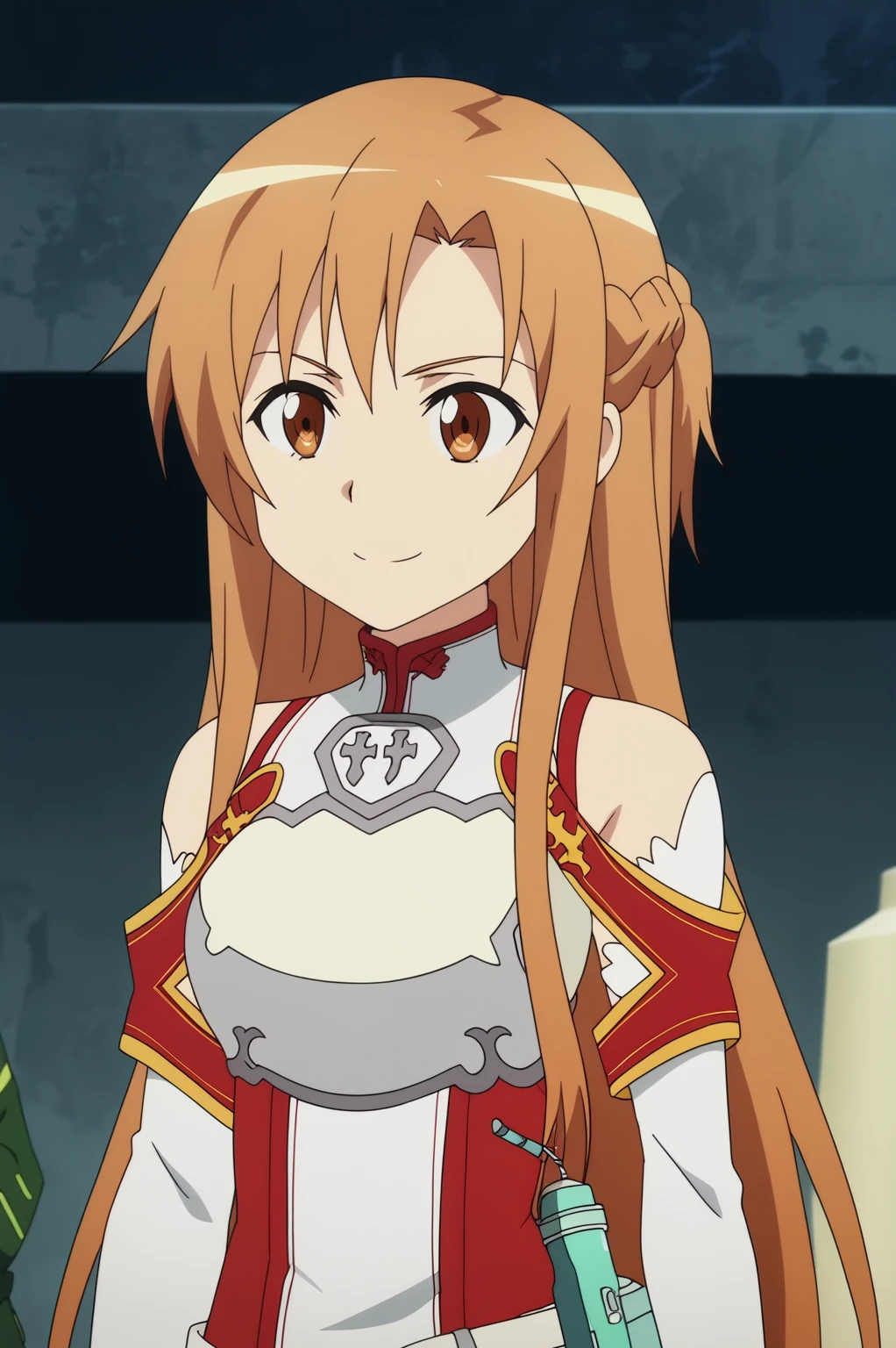 anime screencap,  Sci-fi laboratory with advanced technology and glowing vials, Asuna, knights of the blood outfit, light smile, upper body  <lora:COMMISION-SAO-Asuna-PDXL-v2:0.8>