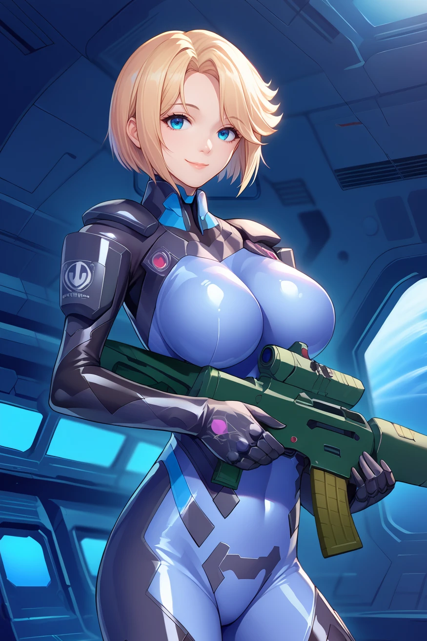 score_9, score_7_up, source_anime, cowboy shot, looking at viewer, smile, mlstl, short hair, large breasts, bodysuit, pilot suit, skin tight, armored gloves, armored boots, holding, assault rifle, science fiction, indoors, spacecraft, <lora:Hoseki_MuvLuvAlternative_StellaBremer_PDXL_v1:1>