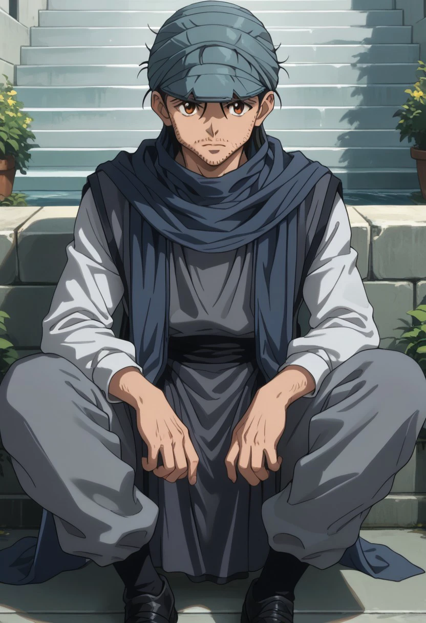 score_9, score_8_up, score_7_up, source_anime, rating_safe, Ginunter, 1boy, male focus, anime screencap, light blue turban-visor, white long-sleeve shirt, grey pelvic curtain, dark grey cloth belt, blue-grey scarf, baggy white pants, black shoes, sitting, legs apart, hands with five fingers,