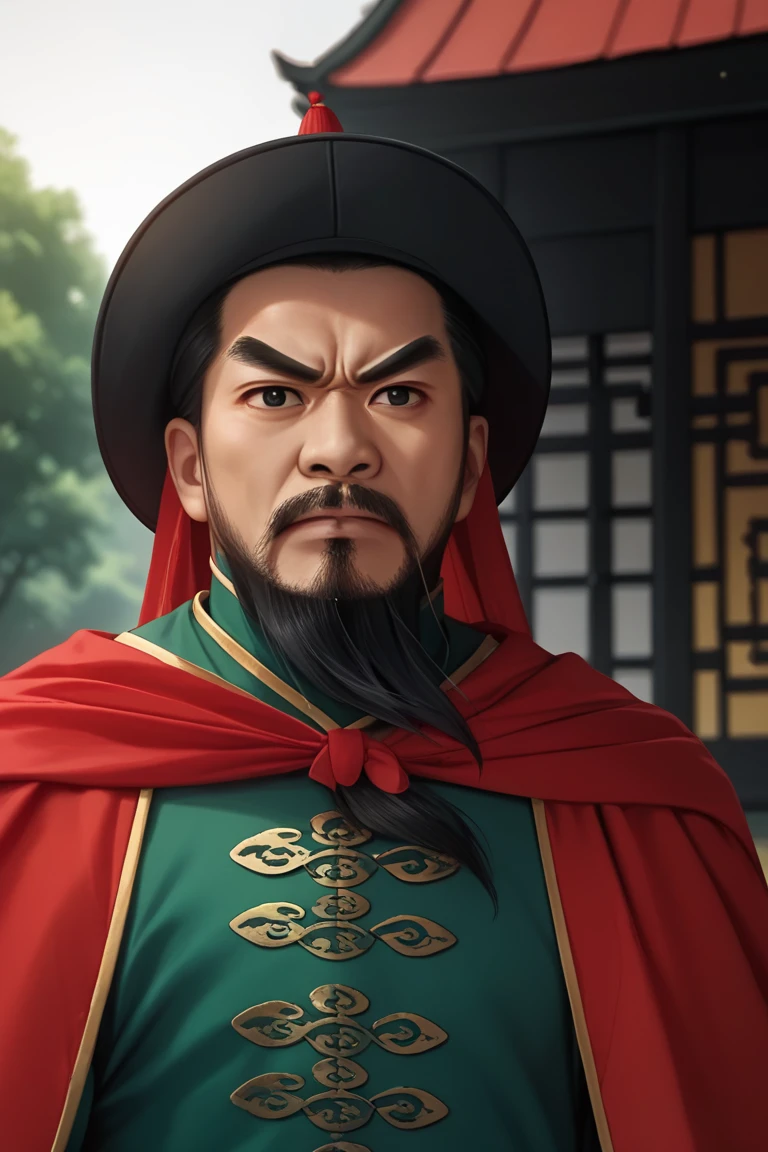 score_9, score_8_up, score_7_up,
zhangxianzhong, 1boy, male focus, solo, facial hair, long beard, black hair, black eyes, looking at viewer, mustache, thick eyebrows, closed mouth, hat, red cape, cloth outfit, chinese, badass, outdoors<lora:EMS-438755-EMS:1.000000>