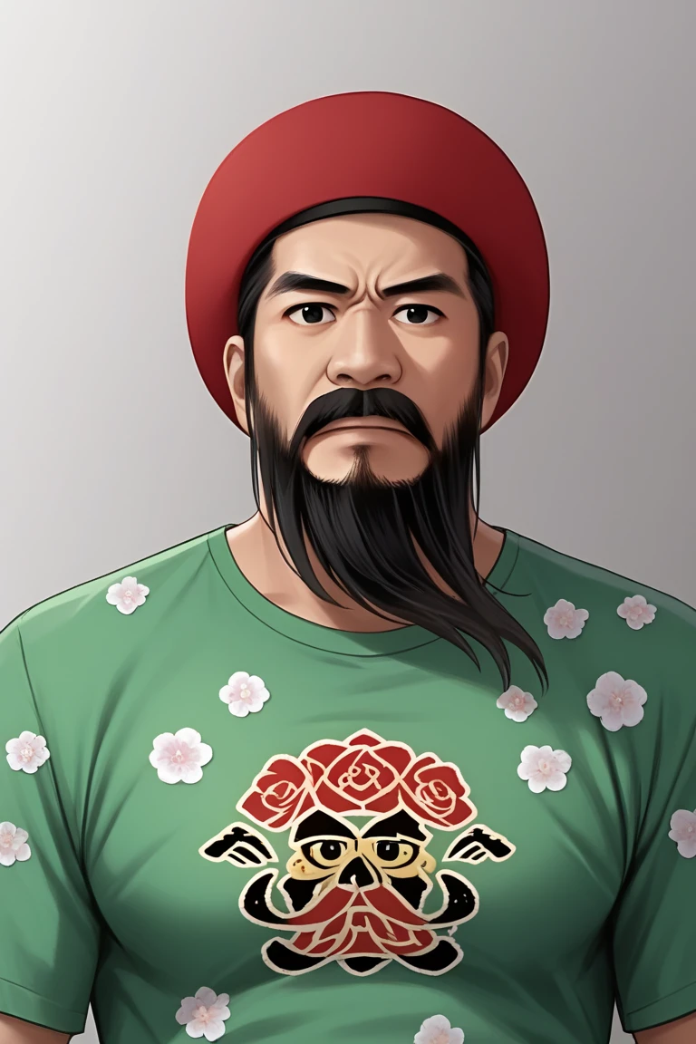 zhangxianzhong, 1boy, male focus, facial hair, solo, beard, mustache, shirt, upper body, black eyes, print shirt, looking at viewer, hat, green shirt, red headwear, closed mouth, flower pattern<lora:EMS-438755-EMS:0.900000>