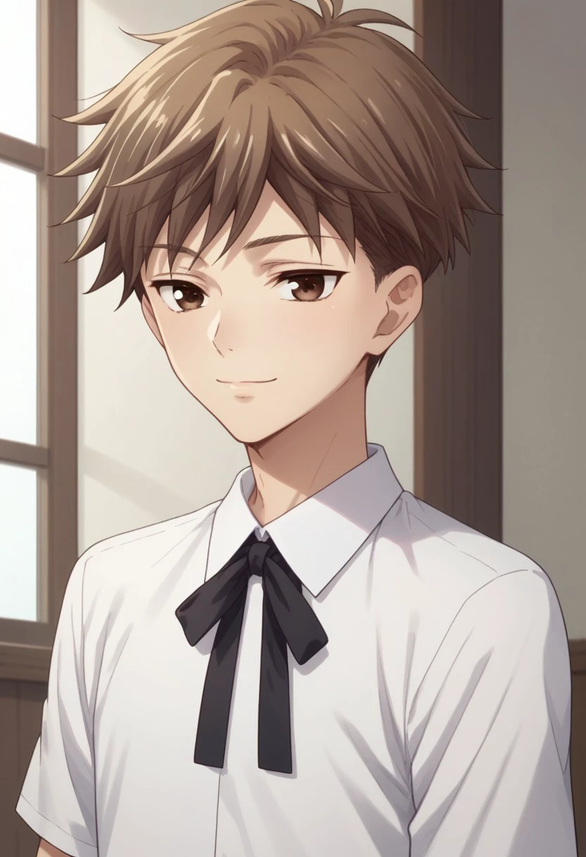 score_9, score_8_up, score_7_up, source_anime, highly detailed, 
hirosohma, 1boy, male focus, solo, brown hair, brown eyes, upper body,  shirt, white shirt, ribbon, neck ribbon, black ribbon, light smile,
indoor, japanese