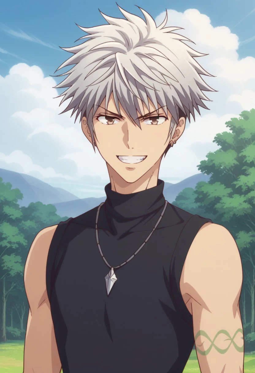 score_9, score_8_up, score_7_up, source_anime, highly detailed, slender,
harusohma, 1boy, male focus, solo, white hair, black hair, multicolored hair, tattoo, sleeveless, brown eyes, necklace, upper body, jewelry, turtleneck, chocker,
black shirt, sleeveless, chocker, earrings, open mouth, grin, angry, anger vein, parody, 
outdooe, sky, tree,