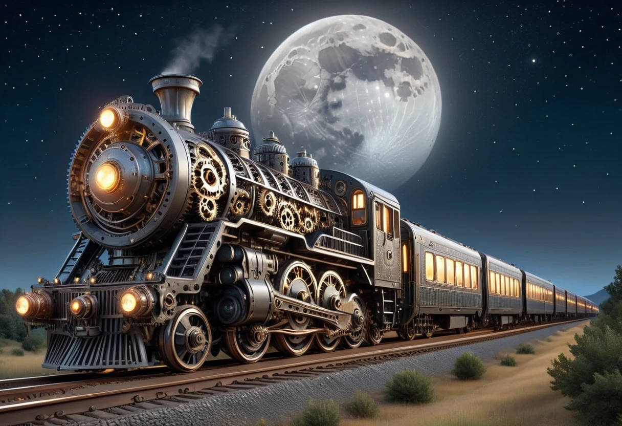 g3ars, (medium full shot) of a train made out of gears, a starlit night sky, with twinkling stars, a glowing moon, an infinite expanse of darkness ,Masterpiece,best quality, photo, realistic, very aesthetic <lora:Gears_World_Morph:0.8>