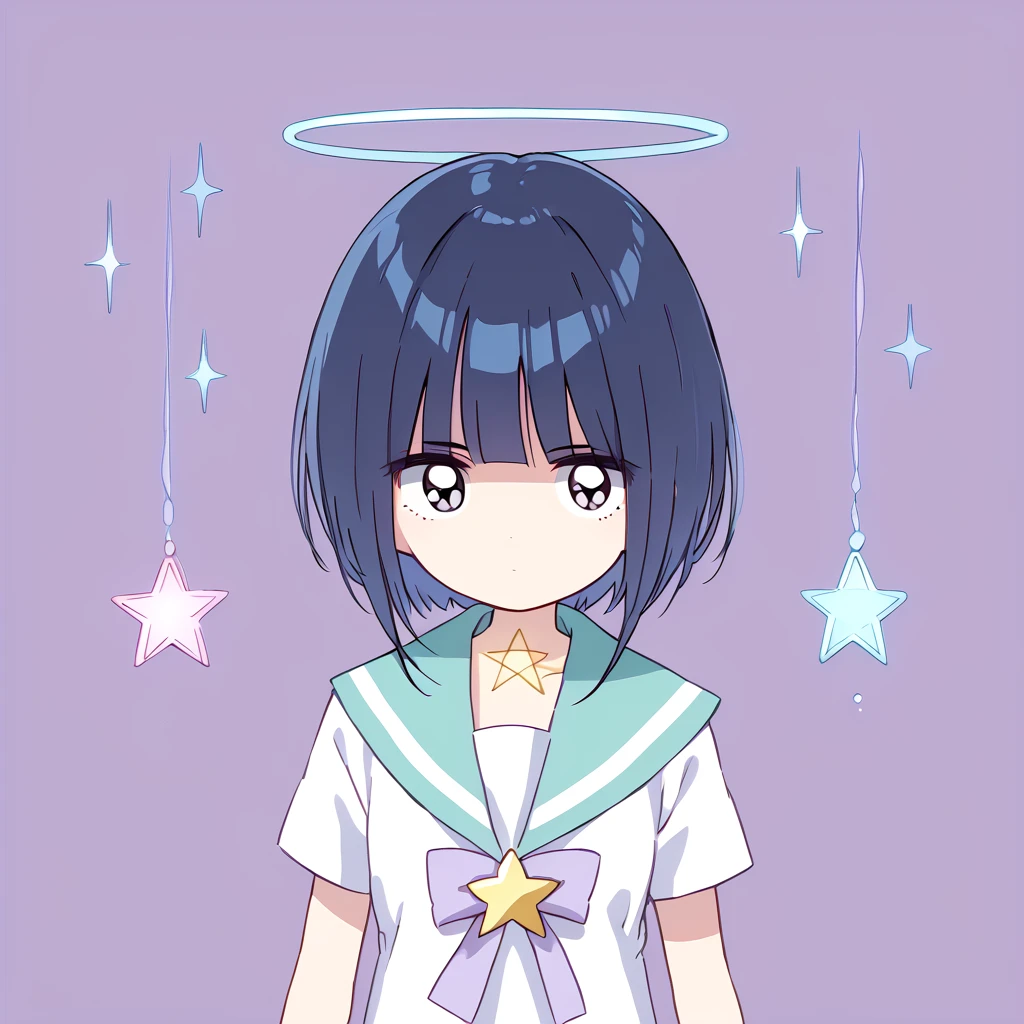 <lora:Menherachan:1>  dark blue hair, short hair, mint sailor collar, short sleeves, expressionless, star \(symbol\)