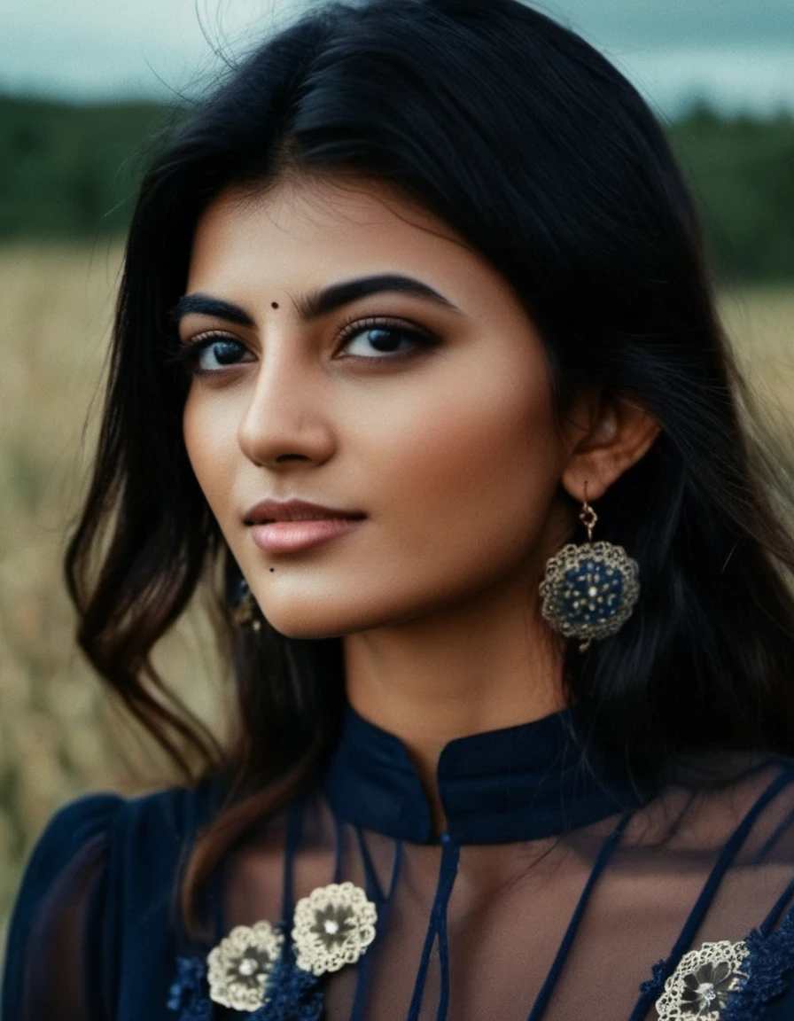 photograph KayalAnandhi, the woman in the field is dressed for the camera, in the style of daria endresen, kris knight, scottish landscapes, light navy and dark brown, georg jensen, intense close-ups, matte photo, 50mm . cinematic 4k epic detailed 4k epic detailed photograph shot on kodak detailed cinematic hbo dark moody, 35mm photo, grainy, vignette, vintage, Kodachrome, Lomography, stained, highly detailed, found footage, KayalAnandhi, the woman in the field is dressed for the camera, in the style of daria endresen, kris knight, scottish landscapes, light navy and dark brown, georg jensen, intense close-ups, matte photo, intricate, full colors, highly detailed, cinematic, very coherent, sharp focus, beautiful, elegant