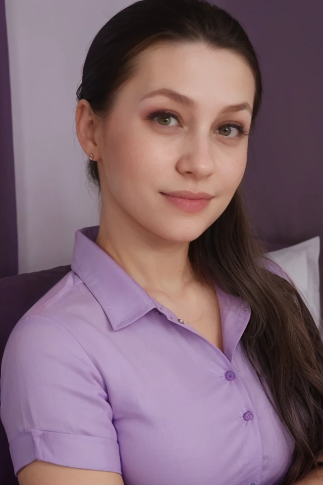 Portrait photo of k3t1b4dg1r1 woman, purple shirt, in a bedroom, slight smile, makeup, ponytail, detailed face