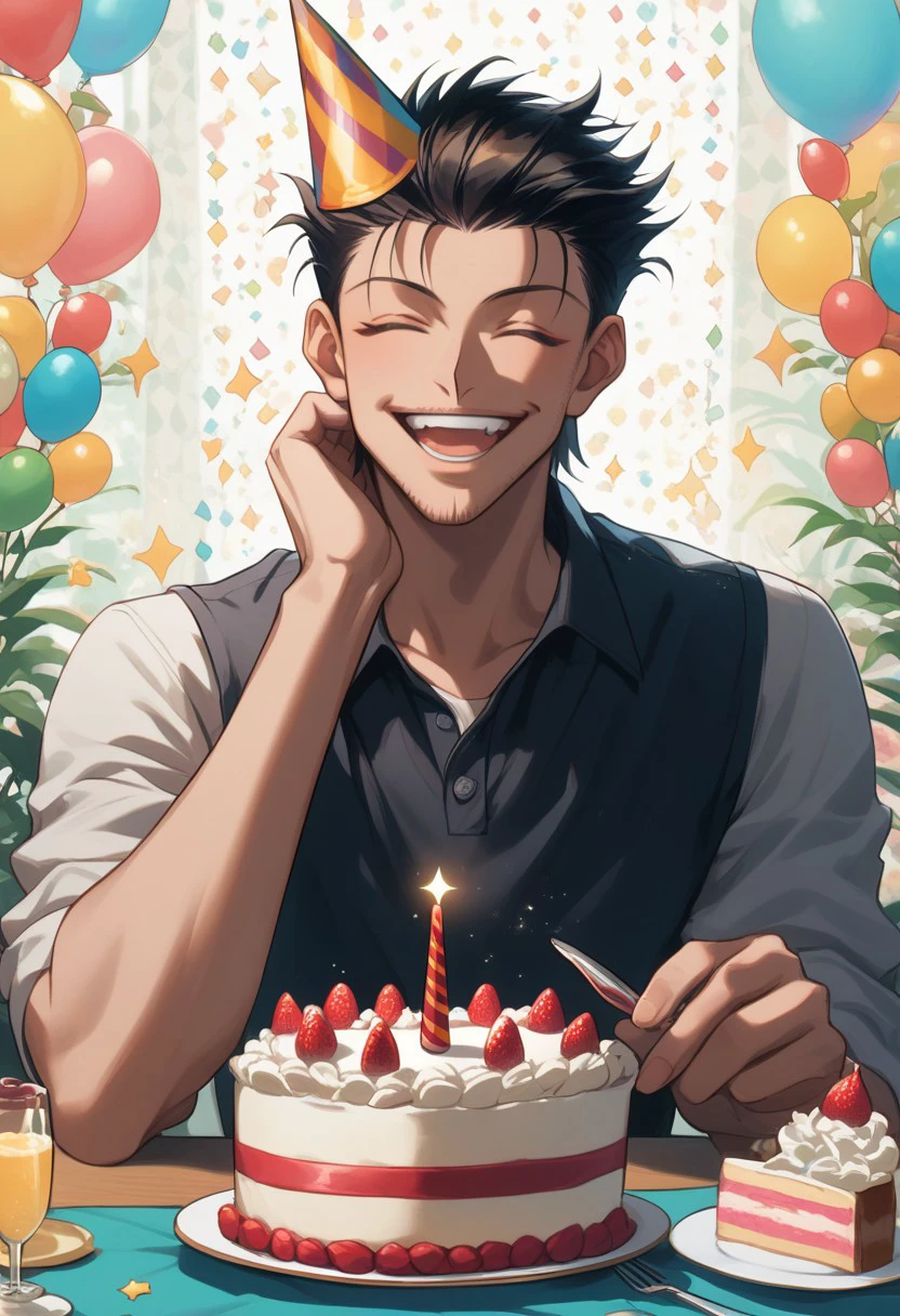 score_9, score_8_up, score_7_up, source_anime, rating_safe, sparkles effects, Ginunter, 1boy, male focus, closed eyes, casual clothes, party hat, open mouth, wide smile, teeth, upper body, hands with five fingers, happy birthday, cake on table, simple patterned background, cute wallpaper, happy-cheery,