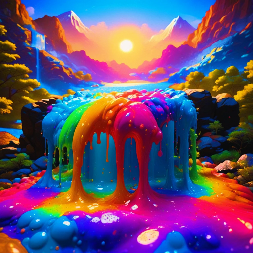 rock, colors, tree, colorful slime, blue background, waterfall, fantasy, rainbow, blue sky, food focus, mountain, bubble, slime (substance), sun