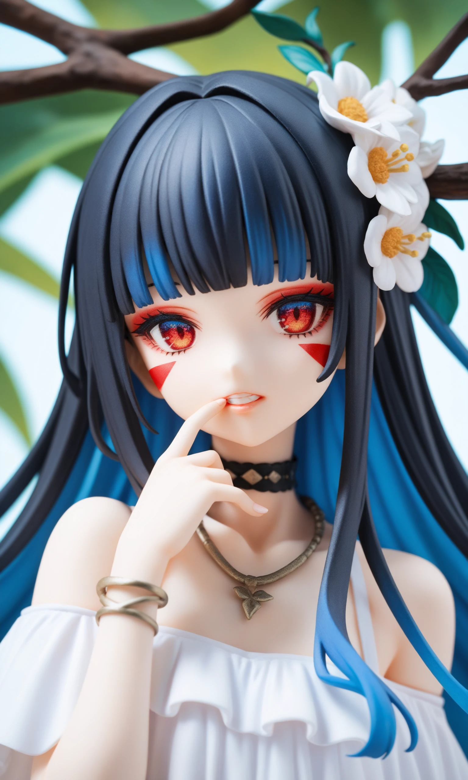 score_9,score_8_up,score_7_up,source_anime,
1girl,multicolored eyes,solo,flower,jewelry,long hair,necklace,bracelet,hair flower,black hair,looking at viewer,hair ornament,upper body,teeth,multicolored hair,blunt bangs,finger to mouth,hand up,collarbone,makeup,choker,fingernails,parted lips,eyeshadow,red eyes,blue hair,white flower,gradient eyes,camellia,bare shoulders,branch,finger in own mouth,facial mark,leaf,