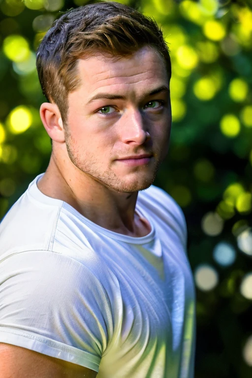 portrait face,  High resolution photo  handsome guy, highly detailed, white t-shirt, (look at viewer) bokeh background, sunlight morning, sunburnt   <lora:Taron Egerton:0.8> Taron Egerton,, (masterpiece,best quality:1.5)