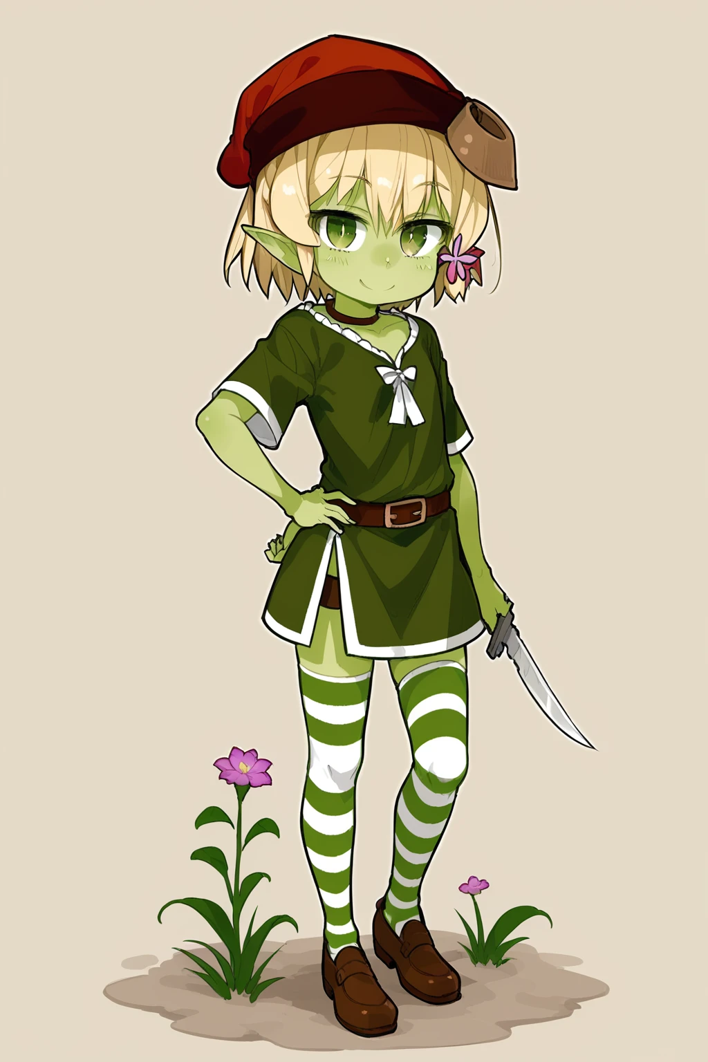 wasabi,yellow hair,green eyes,green skin,colored skin,pointy ears,goblin girls,red hat,1girl,solo,flower,short hair,<lora:wasabi:0.7>,full body,striped thighhighs,brown shoes,standing,light smile,hand on own hip, holding knife,