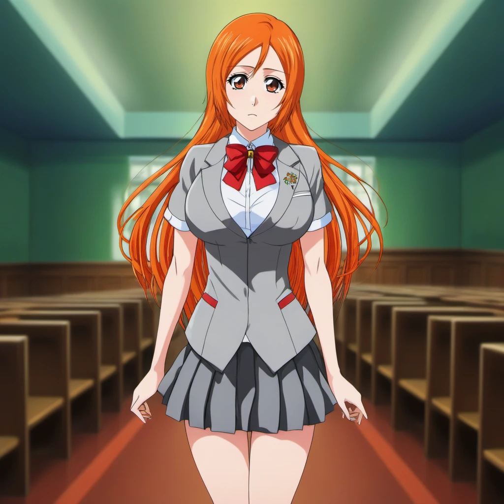 anime artwork full body portrait 1girl, orange hair, hair ornament, school uniform, breast, skirt, stands in a school  <lora:Inoue:0.8> . anime style, key visual, vibrant, studio anime,  highly detailed