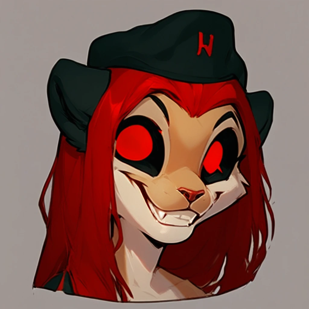 score_9, score_8_up, score_7_up, haures, 1 girl, furry, portrait, long red hair, black beret, red eye, smile, winks,