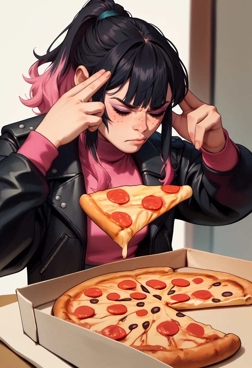 score_9, score_8_up, score_7_up, ManLevitatingPizzaMeme, pizza, pizza box, pizza slice, eyes closed, <lora:ManLevitatingPizzaMeme_pdxl_Incrs_v1:1>, black hair, pink dyed hair, ponytail, bangs, freckles, makeup, leather jacket, turtleneck