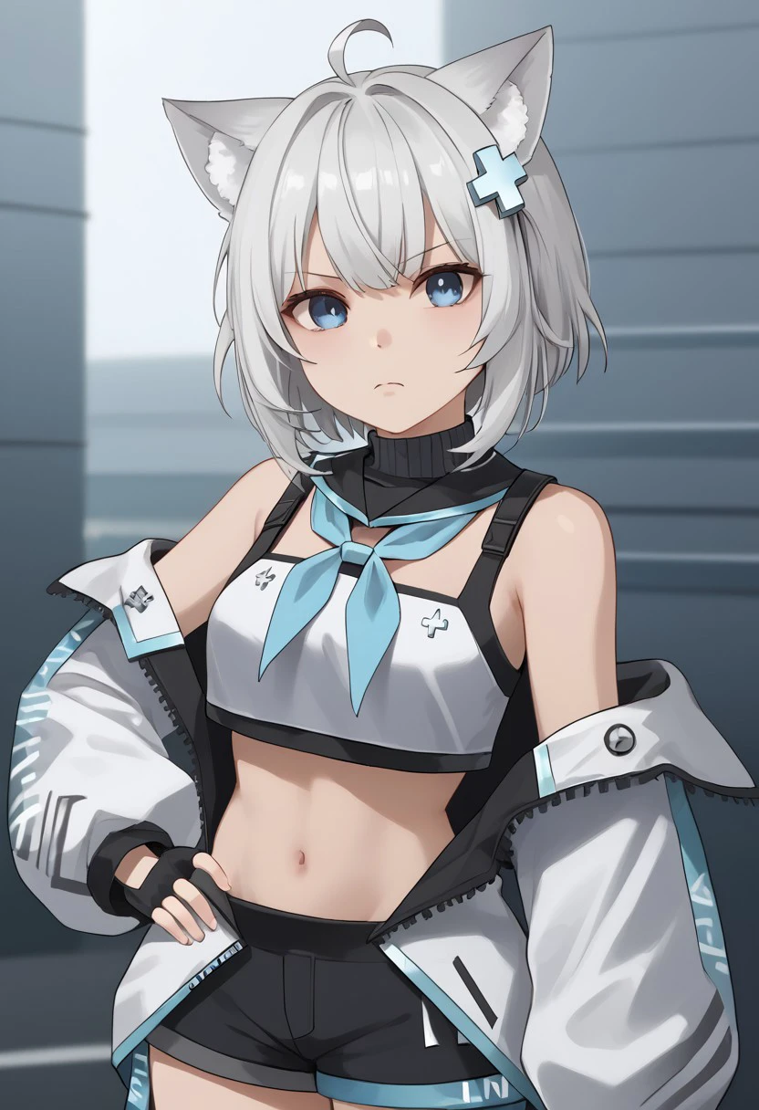 FuuraYuri2nd, blue eyes, hair ornament, animal ear fluff, ahoge, bangs, grey hair, white hair, short hair, white jacket, long sleeves, sleeves past wrists, sleeves past fingers, off shoulder, open jacket, navel, midriff, neckerchief, crop top, breasts, bare shoulders, fingerless gloves, black gloves, black shorts, 
looking at viewer, hand on own hip, serious, standing