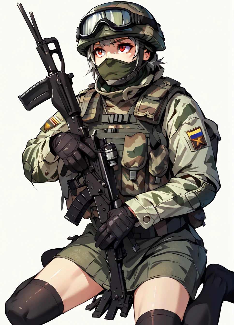 score_9, score_8_up, score_7_up, score_6_up,score_5_up,  RussianSoldier, 1girl, solo, simple background, red eyes, thighhighs, gloves, hat, white background, sitting, weapon, grey hair, black thighhighs, gun, wariza, helmet, goggles, rifle, assault rifle, camouflage, <lora:RussianSoldierV2-000005:1>