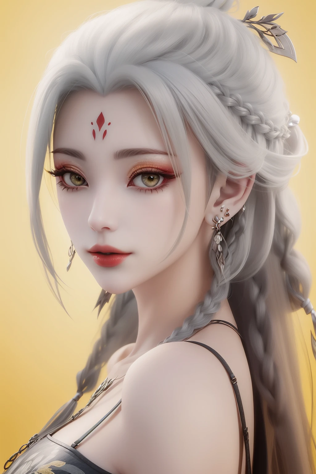 <lora:XiaobaiSD15-000002:0.9>,
solo,masterpiece,highest quality,exquisite details,amazing art,realistic details,pretty face,real skin,8K,RAW,movie lighting,soft light,shallow depth of field,bokeh,dreamy,
xiaobai,1girl,jewelry,solo,earrings,hair ornament,(yellow background:1.3),white hair,long hair,red lips,simple background,looking at viewer,bare shoulders,braid,portrait,grey eyes,makeup,forehead mark,