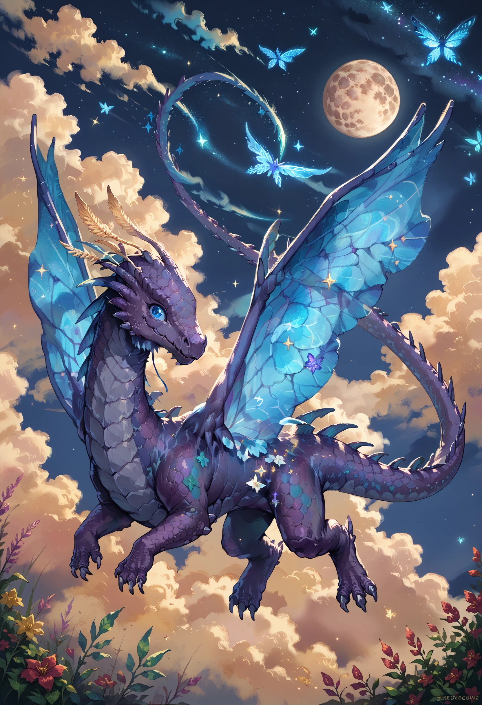 score_9, score_8_up, score_7_up, source_furry BREAK
night, sky, moon, sparkles, stars, clouds
a1vu, dragon, purple scales, blue eyes, blue fairy wings, feral, solo
looking at viewer, (flying:1.3), floating, in the sky, smile, looking at viewer
sideview, from side, looking at viewer
beautiful background, detailed scenery
<lora:A1VU:0.9>
<lora:Chibi_Dragon:0.5> cheeb_drg, chibi