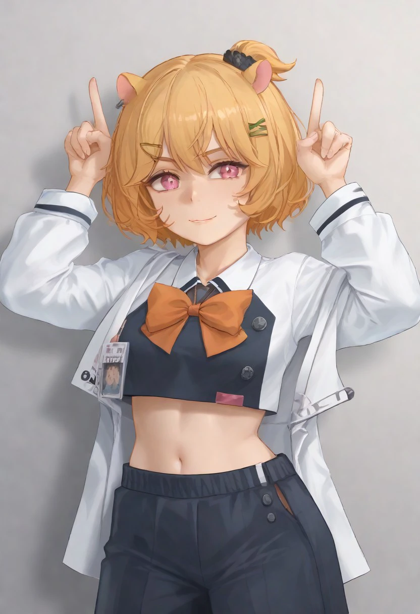 1girl, solo, Eimi_Isami, hair ornament, animal ears, blonde hair, hairclip, bangs, short hair, pink eyes, black scrunchie,
bow, navel, midriff, crop top, id card, collared shirt,
looking at viewer, h0rn pose, cowboy shot,