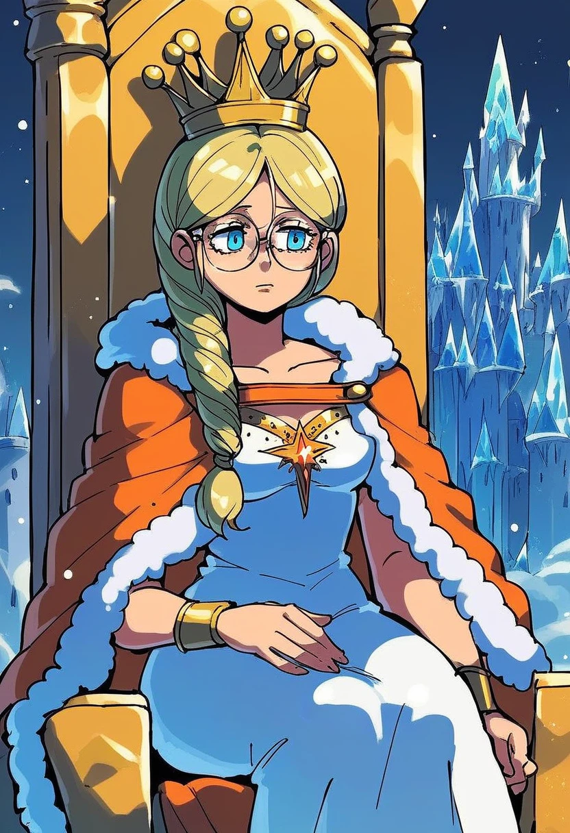 score_9, score_8_up, score_7_up, source_anime,
1girl, solo, queen_frysabel, fur trim, dress, glasses, jewelry, cape,  crown, <lora:queen_frysabel:1>, sitting on throne, ice castle