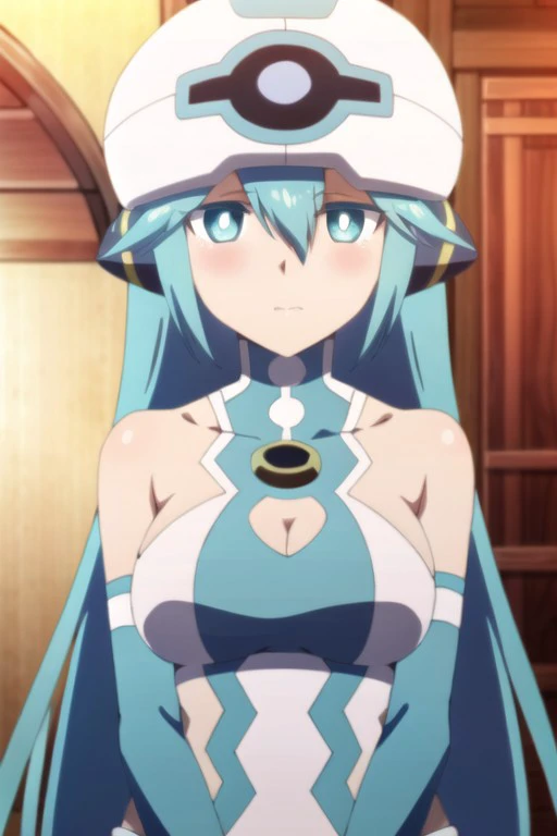 (masterpiece),iona, aqua hair, long hair, aqua eyes, 1girl, solo, looking at viewer, bare shoulders, blush, anime coloring, collarbone