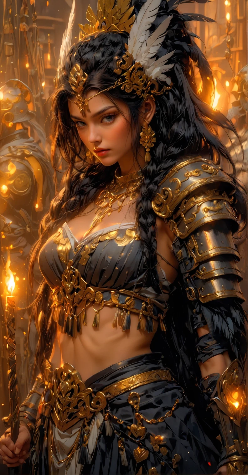 A lone warrior stands confidently, long black hair flowing down her back, adorned with a braided crown and a feather hairpiece. Her gaze meets the viewer's, eyes locked in a fierce stare. The camera captures her from the waist up, showcasing her medium-sized breasts, navel, and cleavage as she holds something unseen. A necklace of armor pieces wraps around her neck, paired with shoulder armor and pauldrons. In the background, a warm glow emanates from a candle or torch, casting a golden light on her striking features, including her full lips and piercing gaze.<lora:EMS-435330-EMS:1.100000>, <lora:EMS-368063-EMS:0.800000>