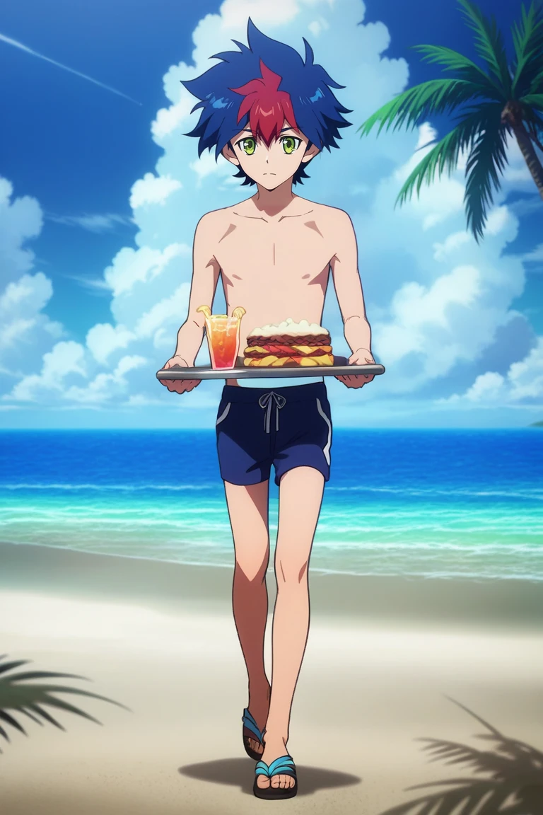 (masterpiece), best quality, izuku midoriya, a boy, wearing small green underwear, naked body, full view of his body from behind, turning his head to look at the viewer, bending over a table under and umbrella on the beach, ocean beach, bending over, looking over his shoulder, looking back, expressive eyes, grinning teeth, big smile, freckles, realistic body, perfect body, muscular, skinny