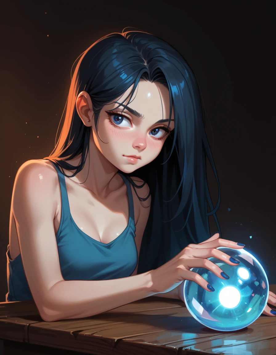 score_9, score_8_up, score_7_up, score_6_up, score_5_up, score_4_up, 1girl, marceline_abadeer, hud_cryst4l_b4ll, glowing, crystal ball, orb, upper body, table, nail polish