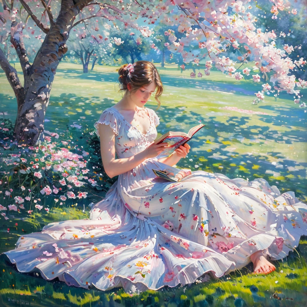 masterpiece, best quality, <lora:add-detail-xl:1>, <lora:ArsMJStylePony_-_Impressionism:1>, ArsMJStyle, impressionism,  A serene garden scene with a young woman in a flowing white dress reading beneath a blooming cherry tree. Dappled sunlight filters through the pink petals, casting soft, colorful patterns on her dress and the lush grass around her. The atmosphere is one of tranquil contemplation.