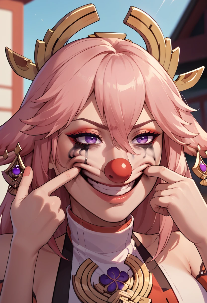 score_9, score_8_up, score_7_up, forced smile, mouth pull, fingersmile, <lora:JokersForcedSmile_pdxl_Incrs_v1:1>, yae miko, 1girl, makeup, clown nose, runny makeup,