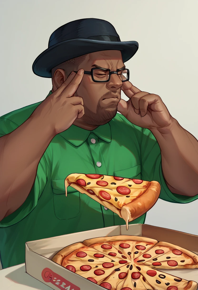 score_9, score_8_up, score_7_up, ManLevitatingPizzaMeme, pizza, pizza box, pizza slice, eyes closed, upper body, <lora:ManLevitatingPizzaMeme_pdxl_Incrs_v1:1>,  <lora:BigSmoke_XLPD:0.8> BigSmoke, black eyes, dark-skinned male, facial hair, glasses, black headwear, green shirt,