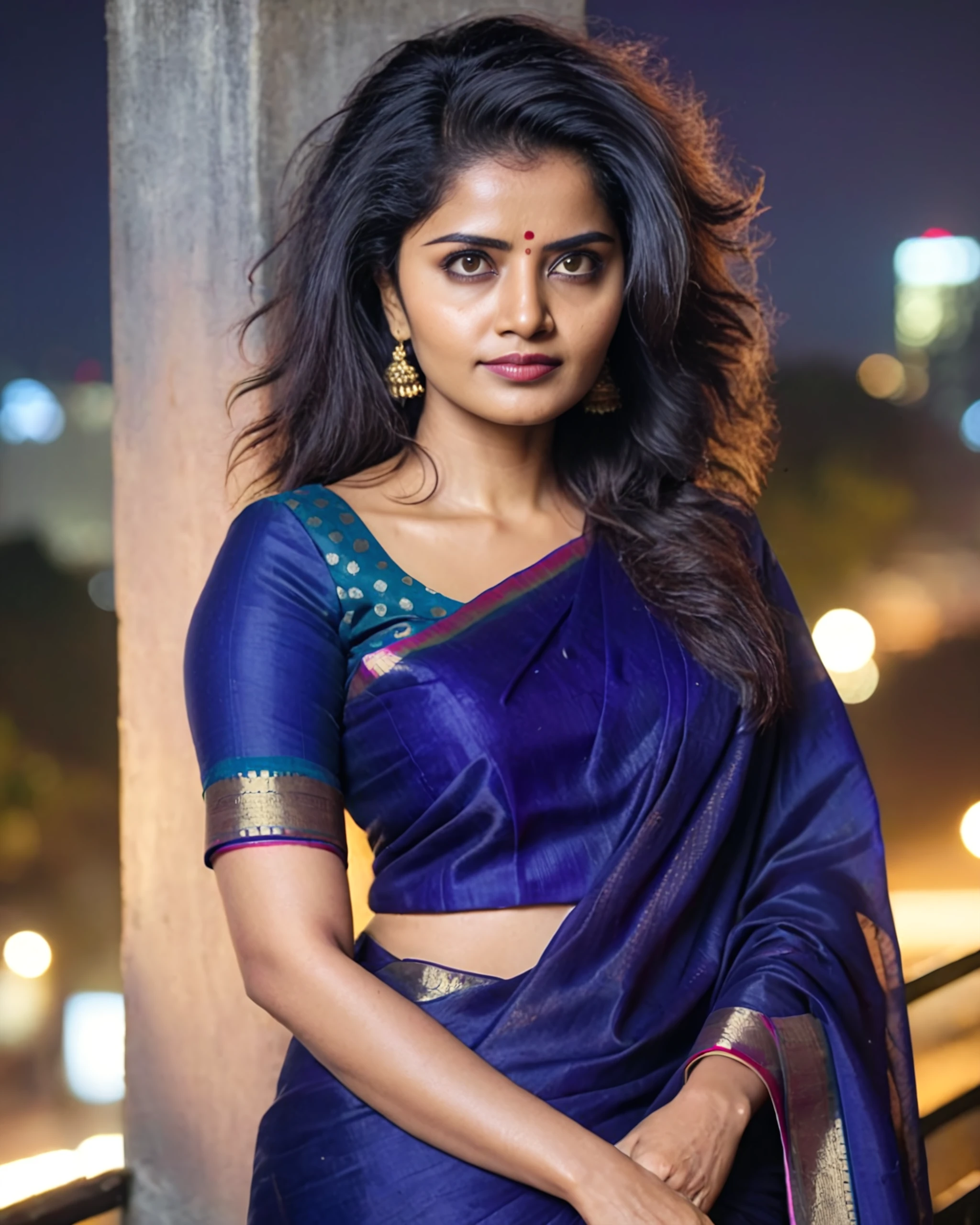 upper body photo of Anu Param woman, solo, messy hair cut, serious look, looking at the camera, ethnic Navy saree and blouse, night time, contrasting background bokeh,  skindentation,  <lora:Anu_Param_SDXL_LoRA_prodigy_local_xformers_HNE:1>