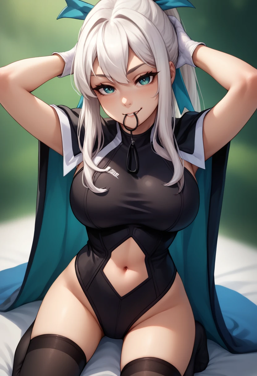 High quality, best rendering), (Beautiful Woman, Mirko, My Hero Academia), muscular body, thick muscular legs, big buttocks, pitch black tanned skin, big breasts, silver hair, long straight hair, Sanpaku eyes, red eyes, thin eyebrows, no lashes, rabbit ears with long ears, elaborate hair, psychopath, crazy face, glaring at viewers, grinning mouth, Sleeveless white leotard up to the neck, blue edges, blue knee-high socks, high-tech sneakers, squatting with heels on the ground, M-shaped legs, legs spread wide, hands on the ground, center, scales to fit dimensions, camel toes, shot from below