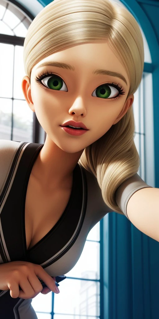 Hyperrealistic, photorealistic, super detailed, blond hair which kept in a side ponytail, upturned green eyes, thin eyebrows, pointy chin, body like in real life, large pores, fair-skinned, beautiful arms, unreal engine, octane render, droped shadow, bokeh, cinematic lighting, Amelie Graham de Vanily, Emilie Agreste, , <lora:ff2c9a34-5dff-4a13-8ade-c0c35d6a79ce:0.7>