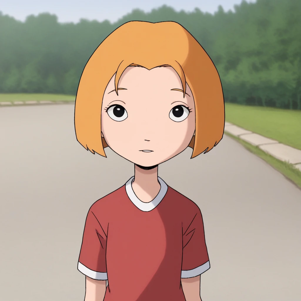 score_7_up, BREAK, lormcquarrie, 1girl, solo, blonde hair, short hair, black eyes, red shirt, short sleeves, upper body, outdoors,    <lora:LorMcQuarrie_PXL_Leaf1:1>, looking at viewer, front view,