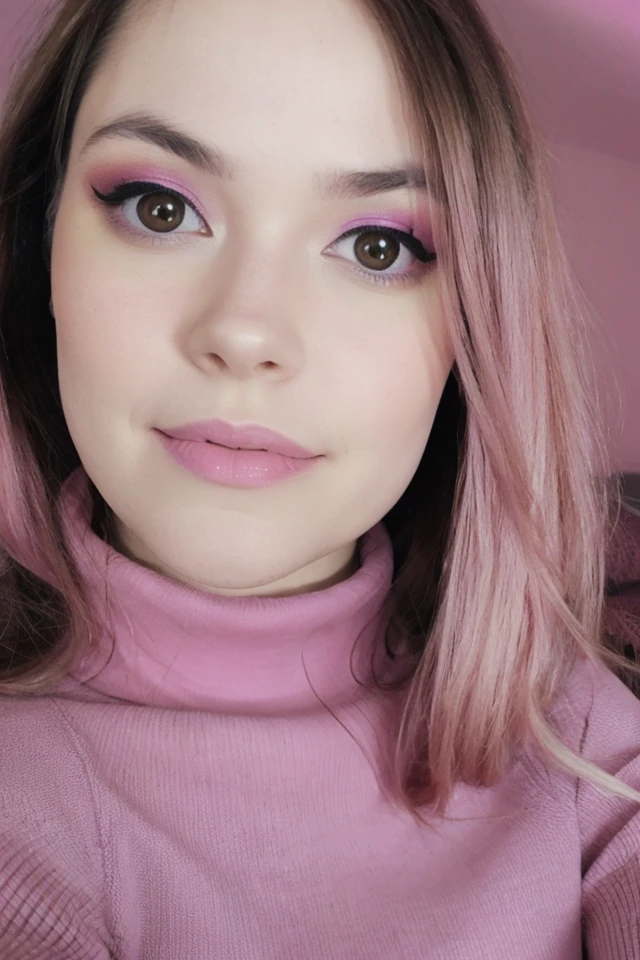 Portrait photo of al1c3m00nst0n3 woman, light pink turtleneck blouse, in a bedroom, makeup, smile