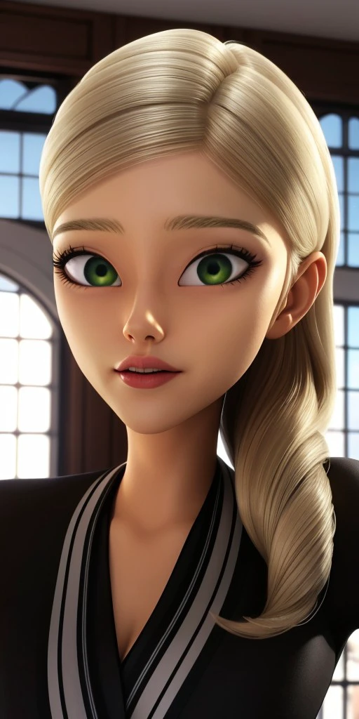 Hyperrealistic, photorealistic, super detailed, blond hair which kept in a side ponytail, upturned green eyes, thin eyebrows, pointy chin, body like in real life, large pores, fair-skinned, beautiful arms, unreal engine, octane render, droped shadow, bokeh, cinematic lighting, Amelie Graham de Vanily, Emilie Agreste, , <lora:ff2c9a34-5dff-4a13-8ade-c0c35d6a79ce:0.7>