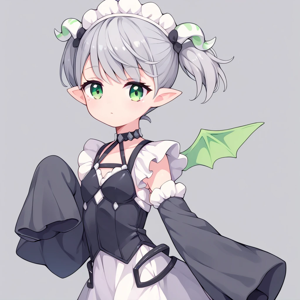 score_9, score_8_up, score_7_up, score_6_up, score_5_up, score_4_up, simple background, 
1girl, solo, arianna, grey hair, short twintails, green eyes, horns, mini wings, sleeves past wrists, maid headdress, pointy ears, 
 <lora:arianna_pony_v1:0.7>