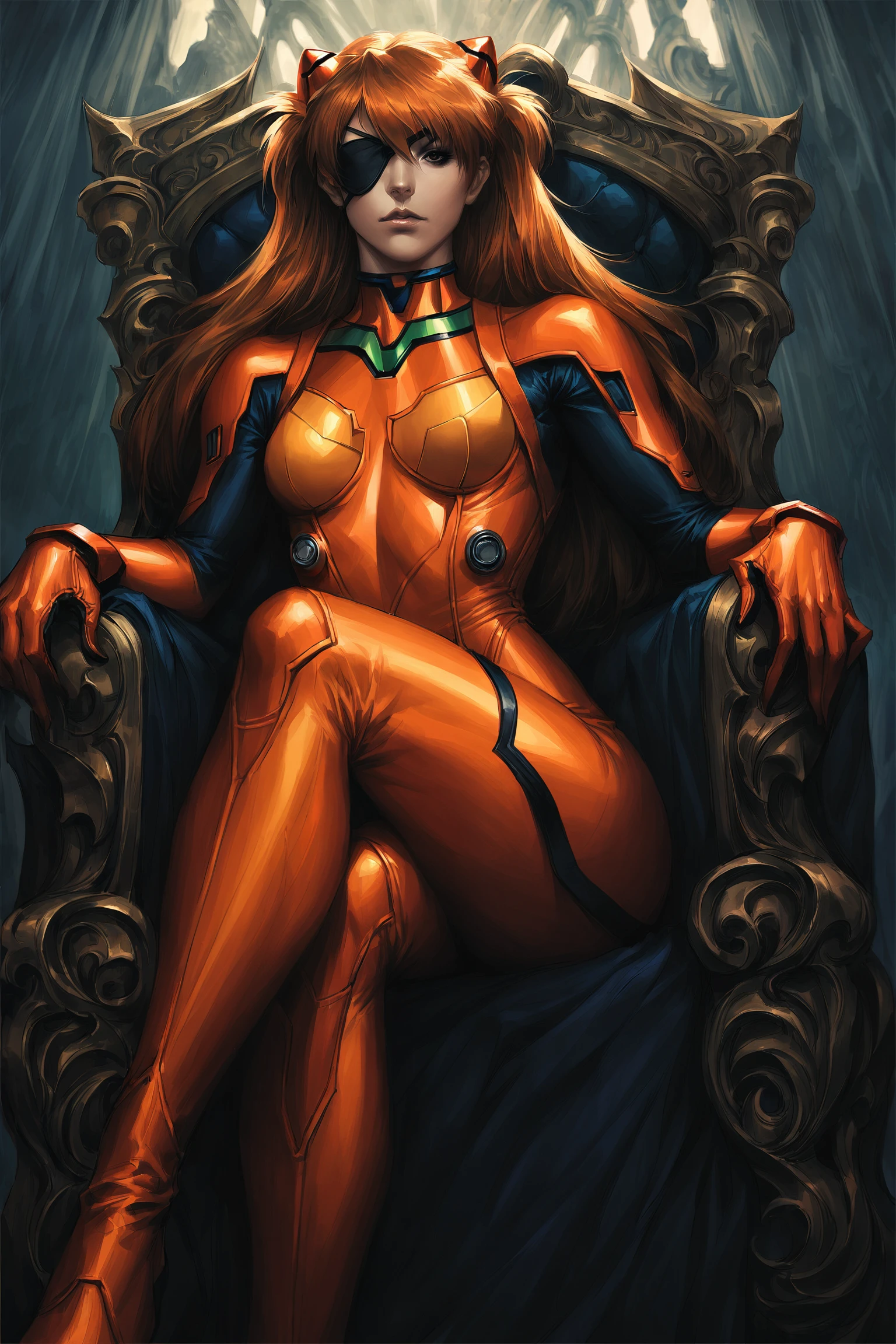 (masterpiece), (best quality), (intricate details, very aesthetic), highres, absurdres,  good hands, 1girl, <lora:stanley_lau-animagine:1>, stanley_lau_style, realistic, souryuu asuka langley,bodysuit, orange bodysuit, sitting, throne, looking at viewer, serious, eyepatch, from below, crossed legs