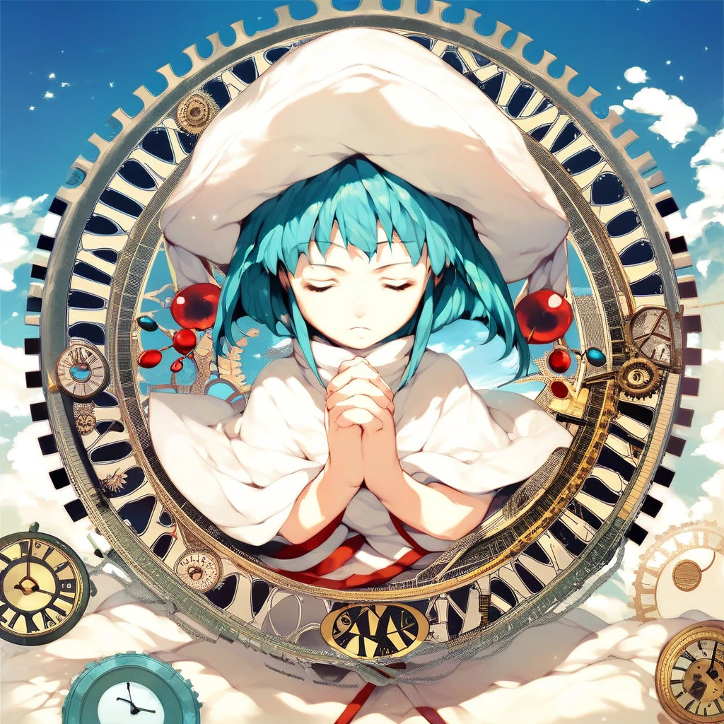 score_9, score_8_up, score_7_up, score_6_up, Hecate, 1girl, solo, short hair, hat, blue hair, closed eyes, green hair, sky, cloud, own hands together, clock, own hands clasped, gears, praying, sensitive