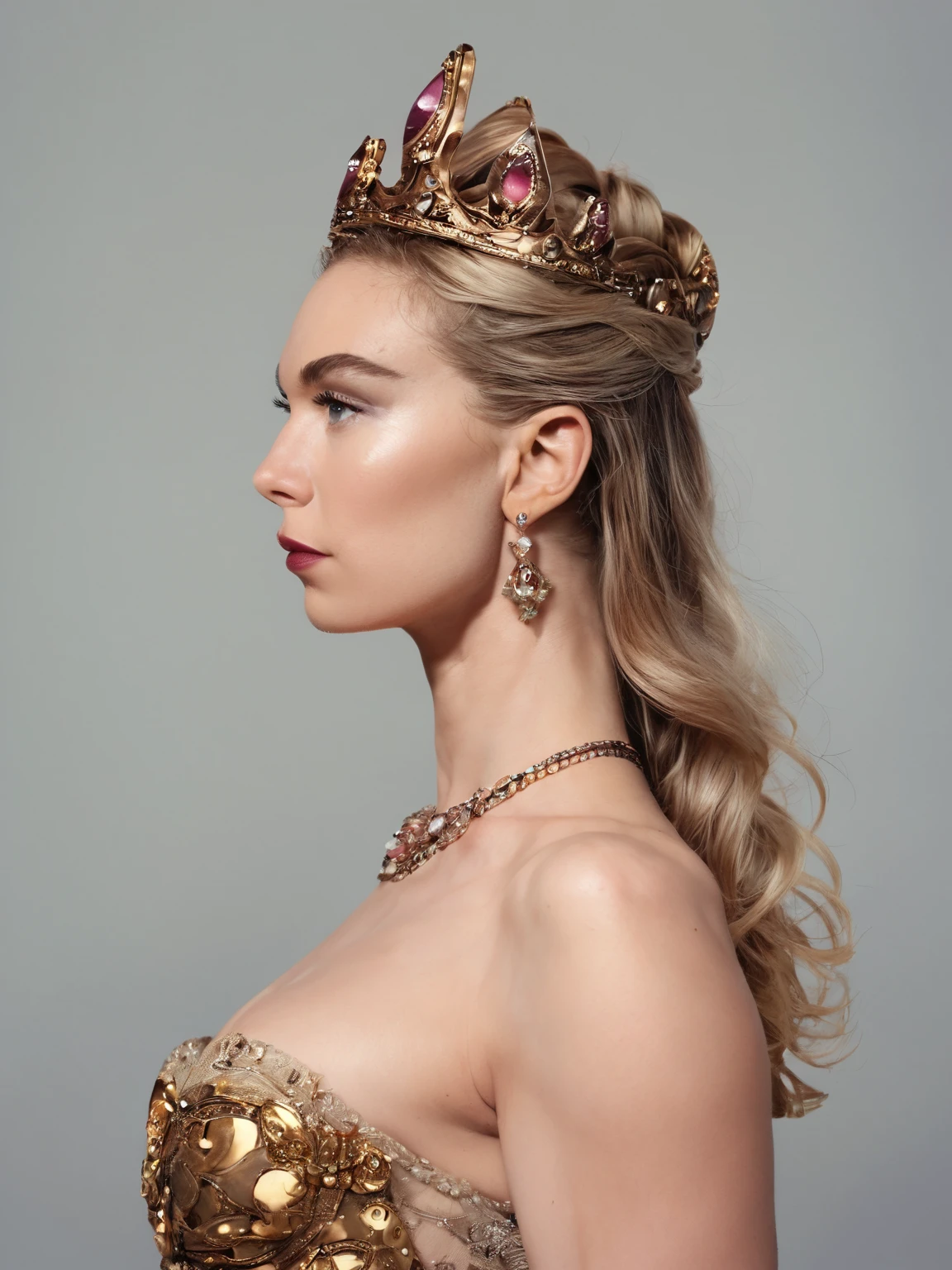 score_9, score_8_up, score_7_up, score_6_up,
vanessaKirby,  <lora:vanessaKirbyPonyRealism:1>, , crown, earrings, grey background, jewelry, lips, long hair, necklace, profile, solo, upper body