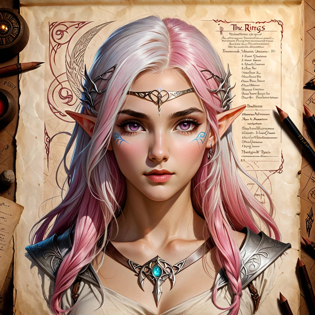 breathtaking RAW photo of female ((THigh quality concept art portrait featuring a fantastic and beautiful and fair 18 years old whit Silver pink hair and Hazel eyes Caucasian o lot of color Elven women(Bella Delphine) whit drawn on weathered parchment, using lord of the rings or dungeons and dragons, character sheet, perfect anatomy, parchment serves as a canvas decorated with ancient runes, made by hand. sketches drawn, by Boris Vallejo, high details,

(masterpiece:1.2), (best quality:1.2), ultra-detailed, best shadow, detailed background, high contrast, (best illumination, an extremely delicate and beautiful), ((cinematic light)), 8k