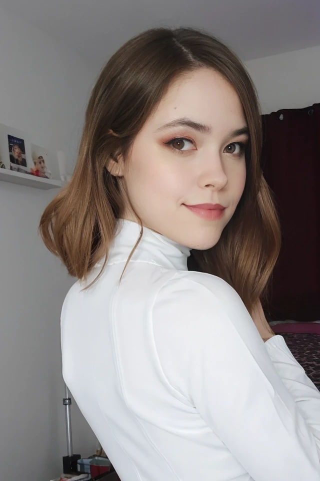 Portrait photo of al1c3m00nst0n3 woman, light white turtleneck blouse, in a bedroom, makeup, slight smile