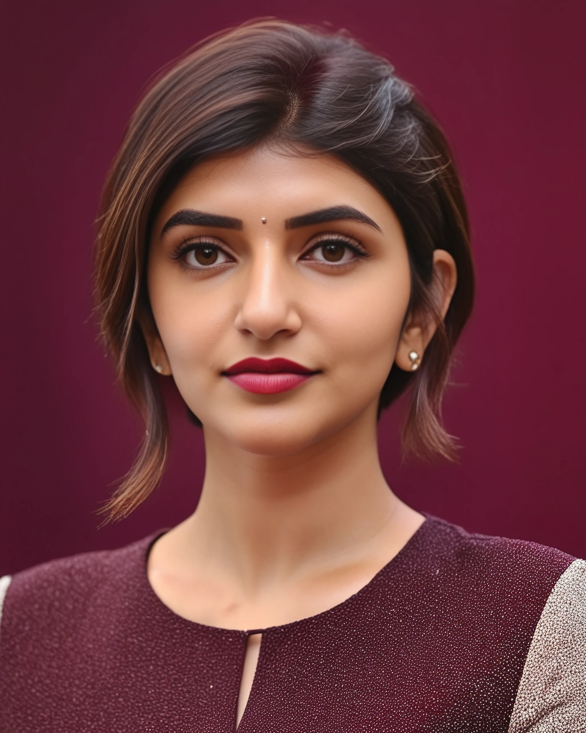 upper body photo of Sreeleela woman, solo, pixie hair cut, , looking at the camera,  Maroon , , contrasting background bokeh,  skindentation,  <lora:Sreeleela_SDXL_LoRA_prodigy_local_xformers_HNE:1>