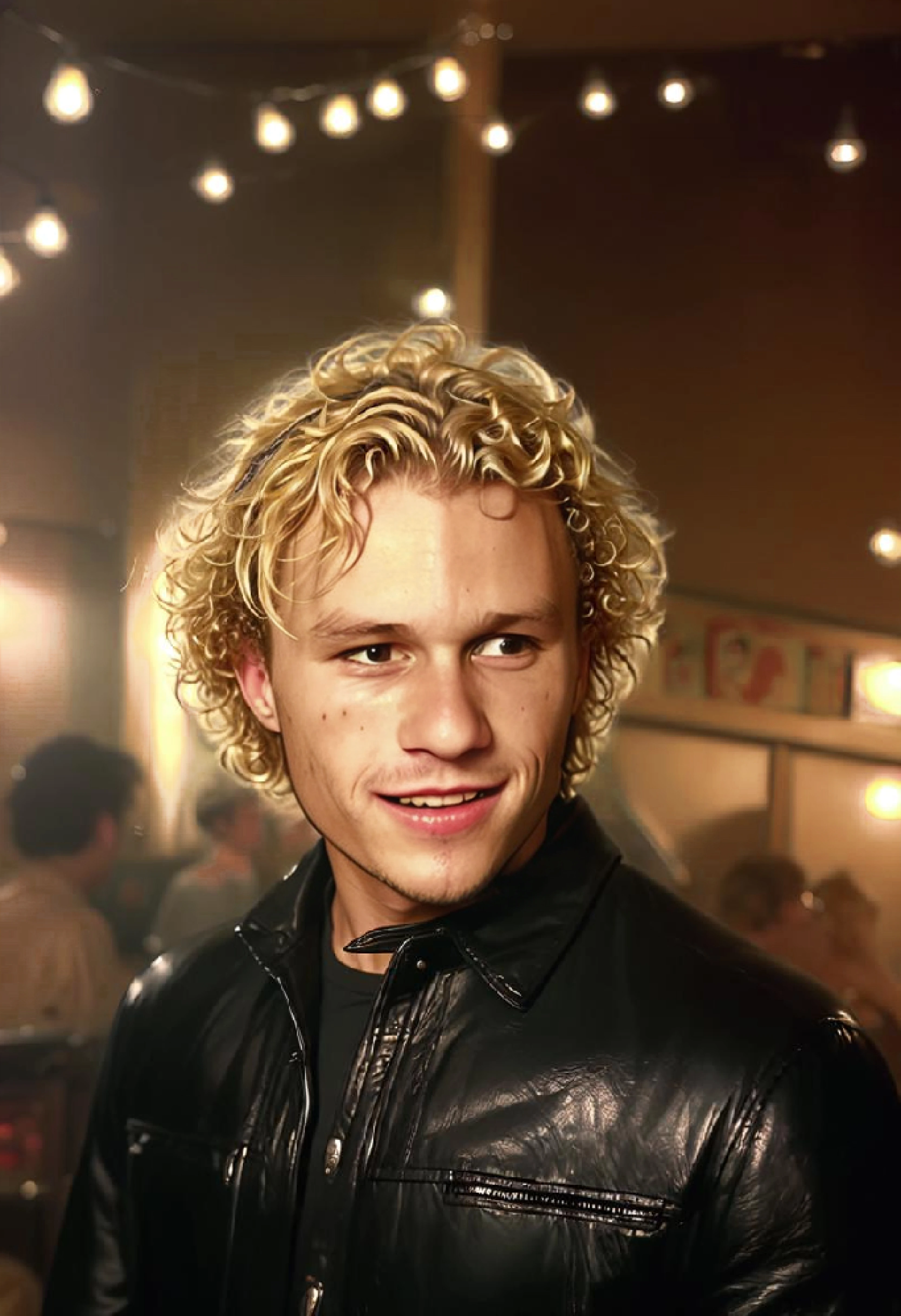 <ckpt:ZavyChroma.safetensors>, <ckpt:Fluently.safetensors>, <lora:HeathLedger.safetensors:1.2>, Photograph of Heath Ledger, h3athl3dg3r, curly blonde hair, leather jacket, upper body, fairy lights, house party, Raw photo, Canon EOS R3