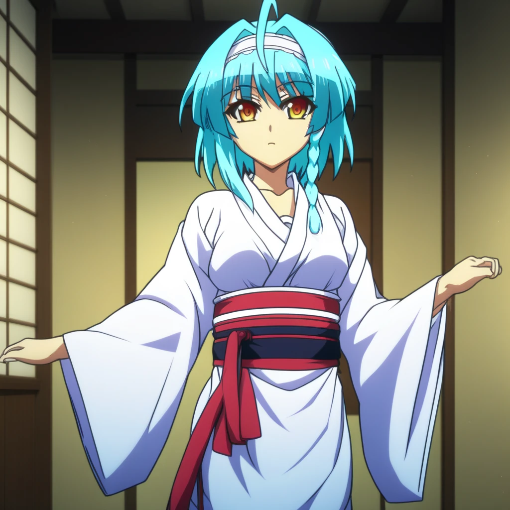 score_9, score_8_up, score_7_up, source_anime,  NonakaYuki, 1girl, solo, closed mouth, light smile, blush, aqua hair, yellow eyes, side braid, YukiWedding, japanese clothes, (hood:1.2), white kimono, red sash, standing, looking at the viewer,  indoors