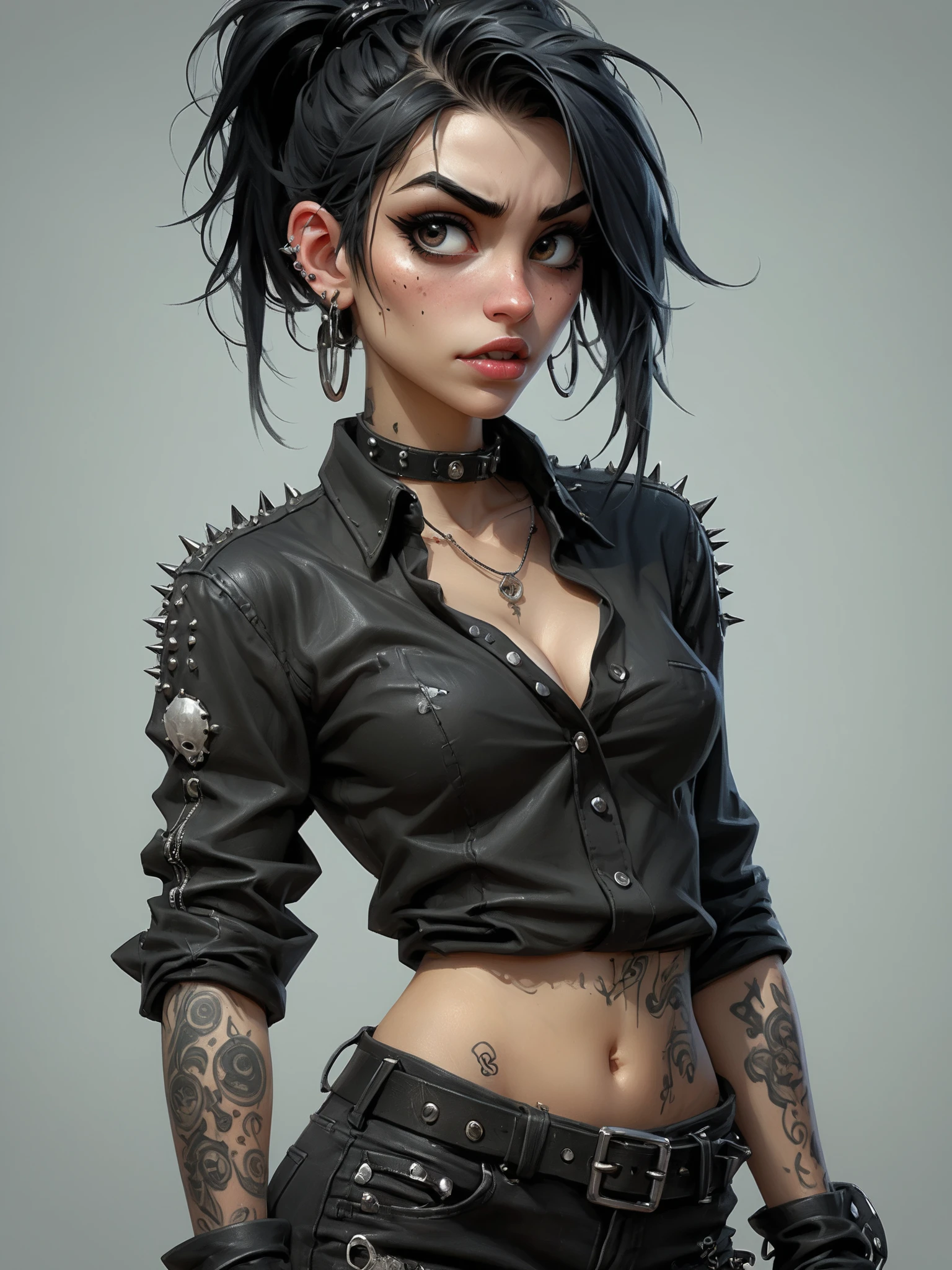 goth girl, her messy jet black hair is pulled back in a ponytail, the scars over her face are prominent but look old, she’s dressed all in black wearing a black long sleeve shirt covered in silver studs and spikes, tight black jeans, leather combat boots, she’s covered in tattoos, and piercings. character illustration by felicien rops, illustration, conceptual art
epic action, Unreal Engine, cinematic award winning artwork, many details, extreme detailed, full of details,Wide range of colors., dramatic, Dynamic,Cinematic,Sharp details, Insane quality. Insane resolution. Insane details. Masterpiece. 32k resolution. casting shadow style, cucoloris patterned illumination, dvr-lnds-sdxl, ral-dissolve, ral-ertmsphr, ral-porcelain, ral-pxlprtcl, Niji, aidma-niji